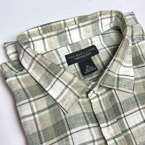 The Men’s Store Bloomingdale’s Linen Shirt Button Up Long Sleeve Green Plaid XL